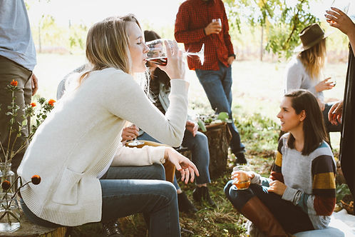 Gartenparty - mehrere Freunde sitzen gemeinsam zusammen, trinken und essen etwas gemütlich